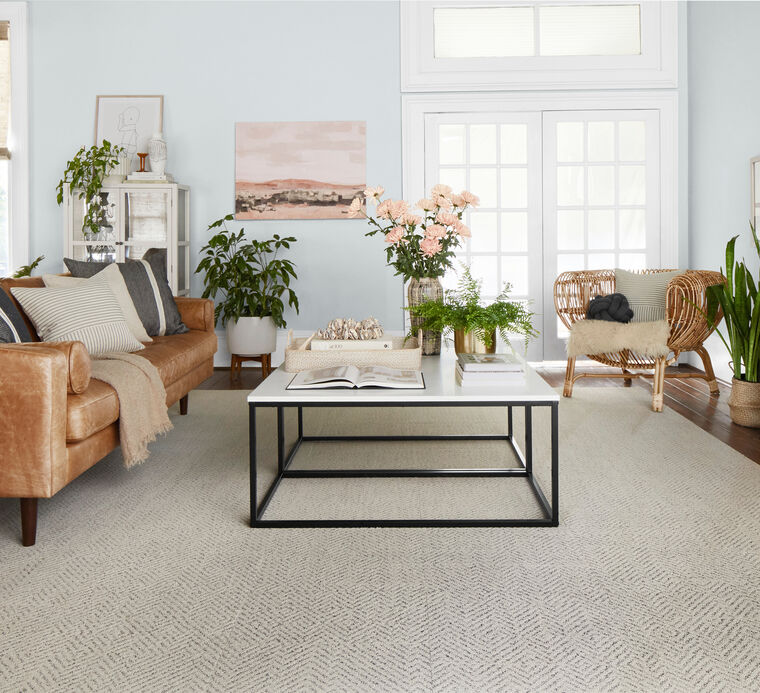 FLOR Open Invitation living room rug shown in Bone